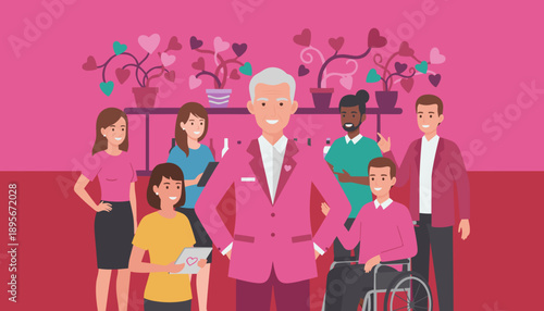 Diverse multigenerational team led by a cheerful senior man in pink symbolizing inclusion and care