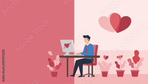 Illustration of a man at a desk using a computer for online dating or romantic communication