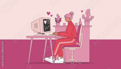 Woman cheerfully works on a retro computer illustrating online dating social media or WFH success