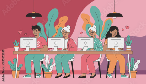 Diverse team collaborating happily on computers Intergenerational digital literacy concept in a vibrant office