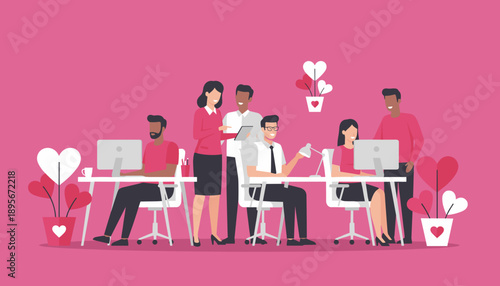 Diverse business team collaborating in a pink office setting decorated with hearts symbolizing passion and support