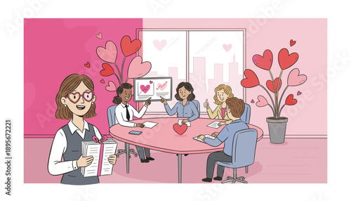 Illustration of a happy business team meeting celebrating success and love