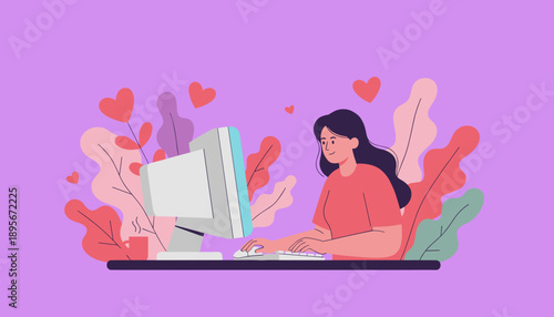Creative woman works happily on computer surrounded by heart plants Remote work and passion concept