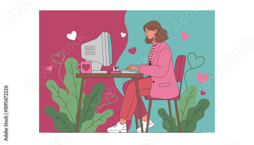 Stylish woman online dating or working on a retro computer surrounded by love hearts