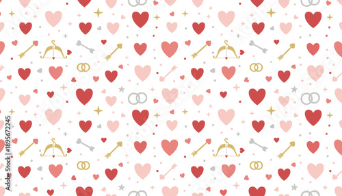 Romantic seamless pattern with red hearts Cupids bows arrows and wedding rings Perfect for Valentines