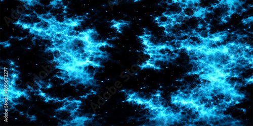 An abstract dark blue space background features a bright nebula cloud and shimmering stars across a cosmic texture of the night sky galaxy