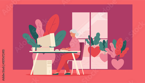 Senior woman works happily on a computer in a vibrant home office Remote work and active retirement concept