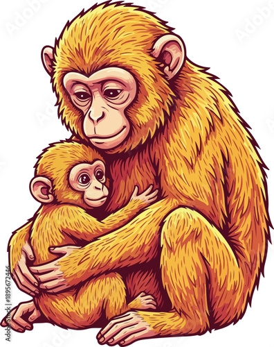 Golden Mother and Baby Monkey Vector Illustration