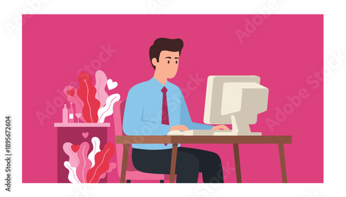 Businessman works on PC desktop in a romantic office setting symbolizing online dating or Valentines work