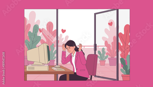 Stressed office worker overwhelmed by workload or retro computer failure