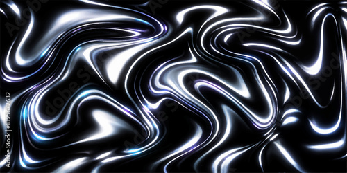 Seamless black and white abstract fractal background featuring a wavy metallic texture with a liquid paint flow and light swirl pattern design