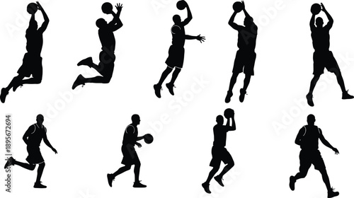 Basketball, silhouette, player, action, pose, dribble, dunk, jump, shoot, run, motion, sport, athletic, dynamic, black, graphic, abstract, minimal, design, illustration