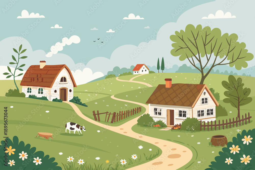 Naklejka premium Depicting Countryside Farm Scene With Village Crisp Professional Photo