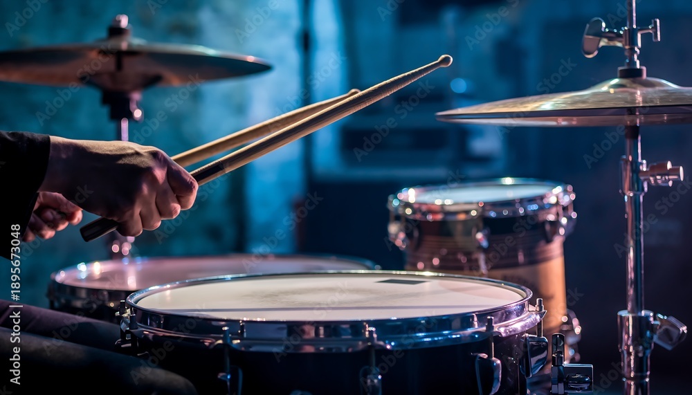 Obraz premium Close up of a Drummers Hands Playing a Snare Drum with Wooden Sticks