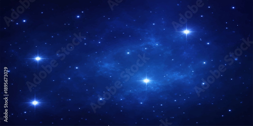 An abstract blue starry sky background features a bright cosmos nebula and dark night galaxy particles in a shimmering outer space illustration