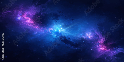 An abstract blue nebula glows within a dark galaxy, featuring a bright supernova and shimmering stars scattered across the deep night sky of the vast outer space universe