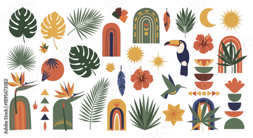 Boho tropical elements vector set