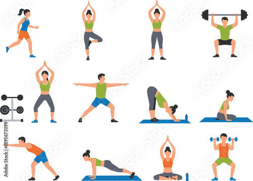 Yoga and bodyweight fitness vector collection with characters performing tree pose warrior pose planks and weightlifting for holistic health and wellness.