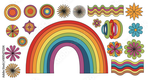 Retro Rainbow and Floral Elements