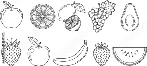 Black and white fruit line art illustration, apple, orange, lemon, banana, strawberry, grapes, avocado, watermelon, healthy food, sketch