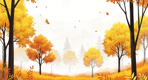 Autumn Forest Landscape with Falling Leaves Illustration