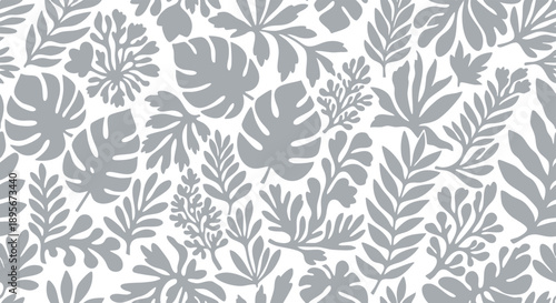 A seamless pattern of gray tropical monstera and fern leaves on white.