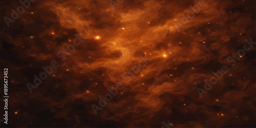 An abstract space background captures a dark blue atmosphere blended with sunset clouds of orange fire and white smoke textures under a heavenly light
