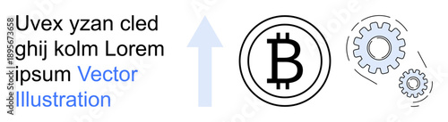 Cryptocurrency, blockchain, technology development, financial growth, digital transactions, fintech solutions. Bitcoin symbol with arrow and gears. Cryptocurrency and blockchain