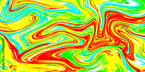 A seamless psychedelic art illustration features a colorful wave pattern with green, yellow, and orange curves creating a vibrant rainbow texture backdrop for an abstract vector wallpaper design