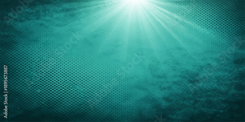 A bright summer sunburst sends deep blue light beams through the sea waves, creating a vector illustration of an underwater scene with rays and a dark ocean nature background