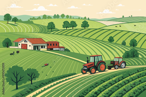 Depicting Countryside Farm With Tractors And Elegant Creative Visual