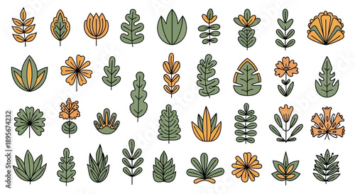 Botanical Foliage Set: Hand-Drawn Leaves and Flowers