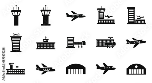 Airport Icons: Control Towers, Airplanes, and Buildings