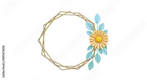 Gold Geometric Frame with Yellow Flower and Green Leaves