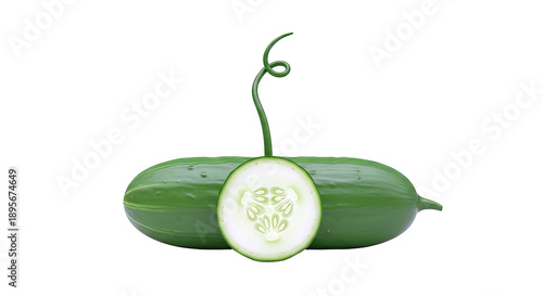 Green Cucumber with a Slice and Curly Stem