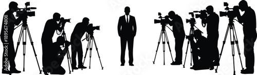 Press conference silhouette with photographers and cameras surrounding a businessman, media coverage, journalism, public relations, news reporting, and celebrity interview concept illustration