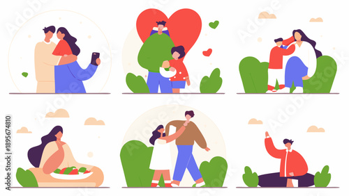 Abstract Family Lifestyle and Wellness Illustration with Nature Background