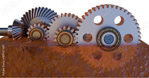 An industrial gearbox image. Close view of reducer gears and bearings in lubrication