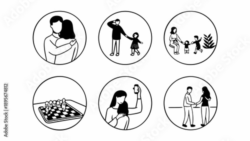 Family Hobby and Daily Activity Icons in Minimalist Line Art Style
