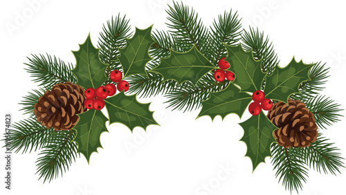 Christmas evergreen swag with holly leaves, red berries, pine branches, and pine cones, festive winter decoration for holiday design, banners, and seasonal artwork