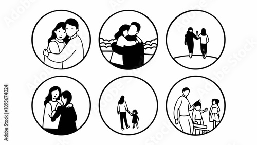 Romantic Couples and Family Bonding Line Art Illustration Set