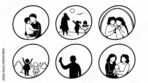 Set of Minimalist Family Icons and Parenting Moments Line Art Illustrations