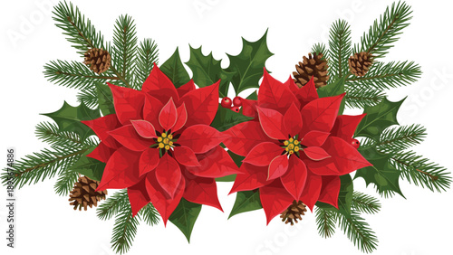 Christmas poinsettia floral arrangement with evergreen branches, pine cones, and holly leaves, festive winter decoration for holiday design, greeting cards, and seasonal artwork