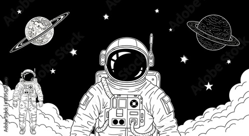 Astronauts in Space Black and White Illustration
