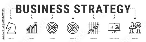 Business Strategy web banner icon vector illustration featuring Strategy, Chart, Target, Bullseye, Graph Up, Presentation and Briefing
