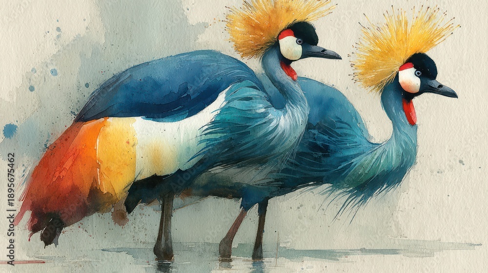 Naklejka premium Watercolor painting of two crowned cranes with blue, orange, and yellow plumage