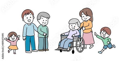 笑顔で楽しそうな三世代家族　手描き風