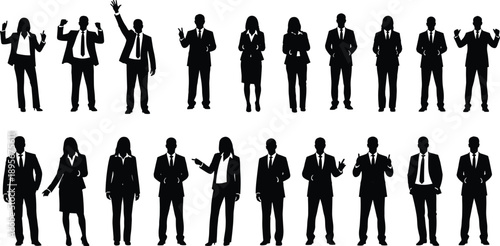 Business silhouette group, corporate attire, professional pose, male and female, diversity, teamwork, grayscale background, office staff, leadership, gesture