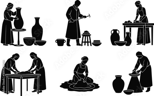 Ancient Pottery Workshop Silhouette Set, Craftspeople Making Ceramics and Clay Vases, Traditional Artisan Manufacturing Flat Vector Illustration for History and Craft Design