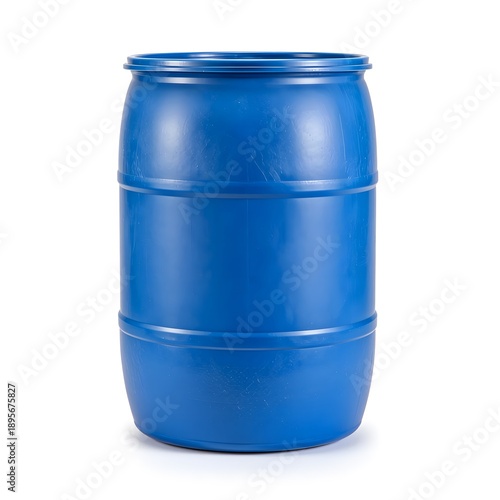A bright blue industrial plastic barrel or drum, often used for liquid storage and transport. 55 gallon